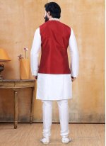 Off White and Red Silk Fancy Kurta Payjama With Jacket