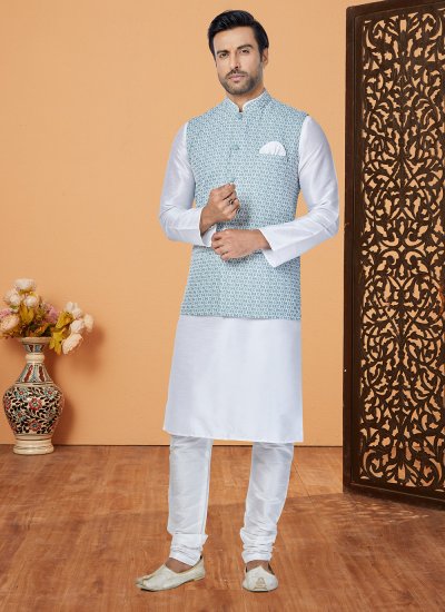Off White and Sea Green Banarasi Silk Kurta Payjama With Jacket