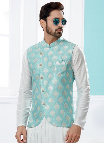 Off White and Turquoise Dupion Silk Indo Western