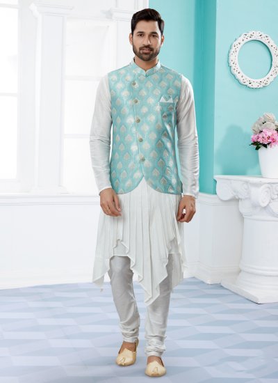 Off White and Turquoise Dupion Silk Indo Western