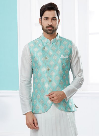 Off White and Turquoise Jacquard Work Indo Western