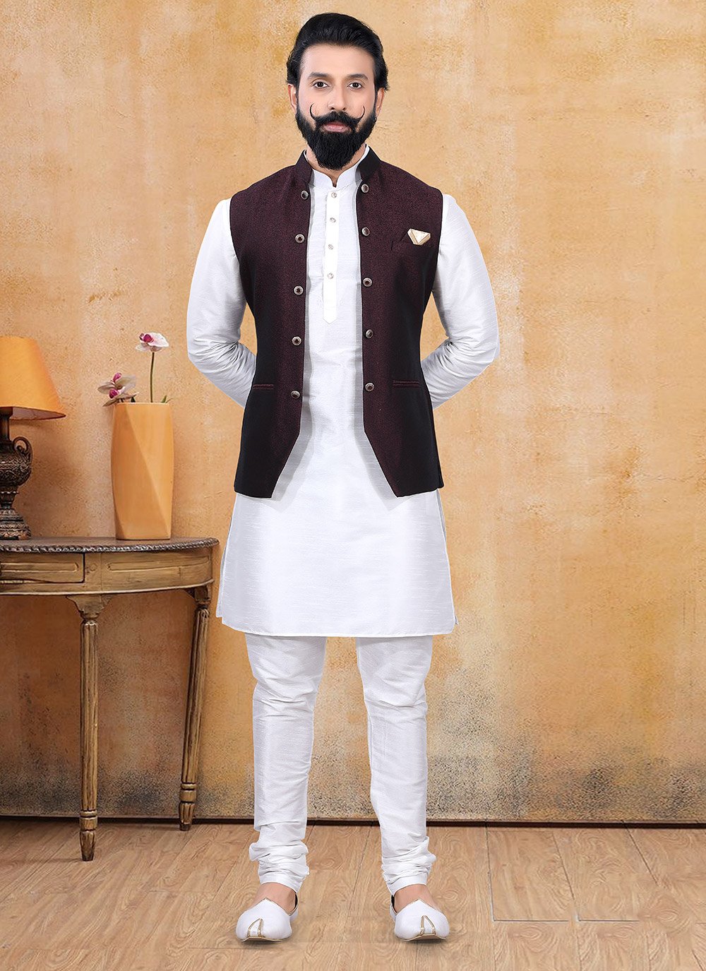 Off White and Wine Color Kurta Payjama With Jacket