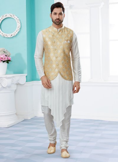 Off White and Yellow Jacquard Work Dupion Silk Indo Western