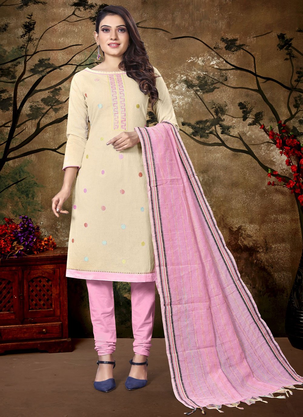 Beige Casual Wear Floral Neck Embroidered Khadi Cotton Salwar Suit With  Banarasi Jacquard Work Dupatta