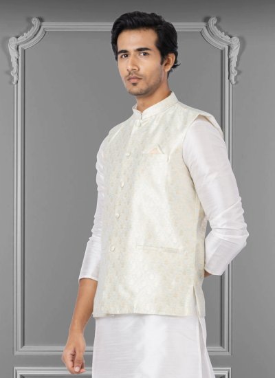 Off White Embroidered Ceremonial Nehru Jackets