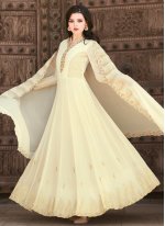 Off White Embroidered Floor Length Anarkali Suit