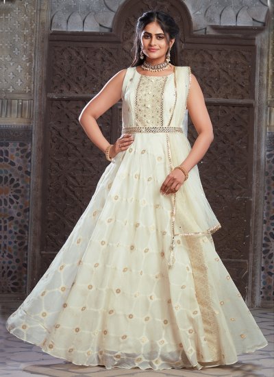 Off White Embroidered Floor Length Gown