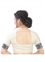 Off White Embroidered Satin Classic Designer Saree