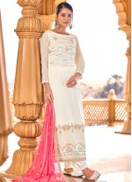 Off White Festival Faux Chiffon Designer Straight Salwar Suit