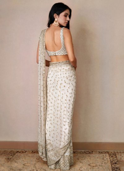 
                            Off White Net Embroidered Classic Saree