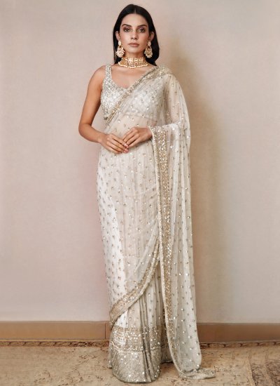 Off White Net Embroidered Classic Saree