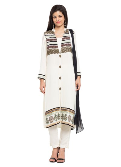 Off White Printed Party Readymade Salwar Kameez