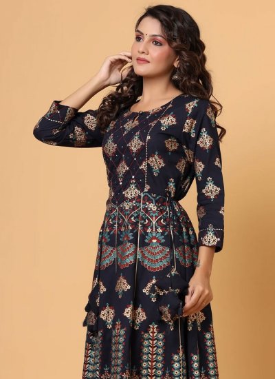 Opulent Cotton Printed Navy Blue Trendy Gown