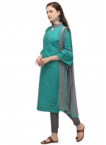 Opulent Cotton Sea Green Embroidered Churidar Suit