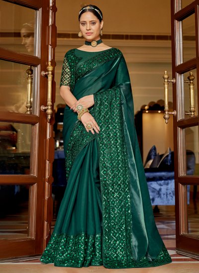 Opulent Embroidered Green Contemporary Saree