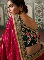 Opulent Green and Hot Pink Vichitra Silk Designer Half N Half Saree