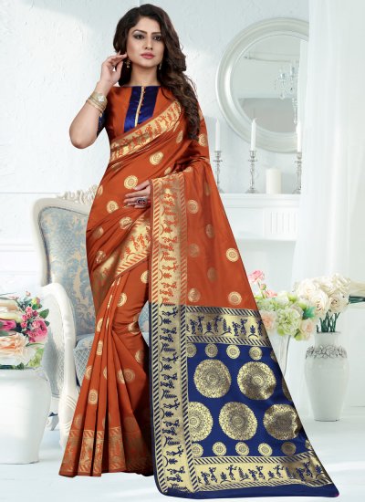 Orange Art Banarasi Silk Designer Traditional Saree
