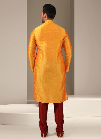 Orange Embroidered Art Banarasi Silk Kurta Pyjama
