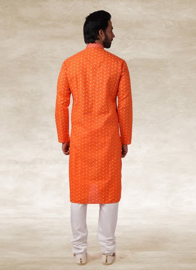 Orange Engagement Handloom Cotton Kurta Pyjama