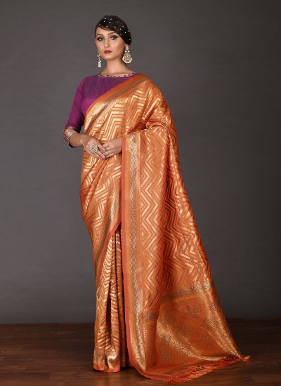 Buy Orange Kanjeevaram Silk Zari Work Saree Party Wear Online at Best Price  | Cbazaar