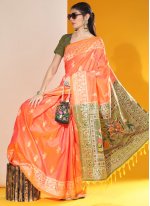 Orange Party Handloom silk Contemporary Saree