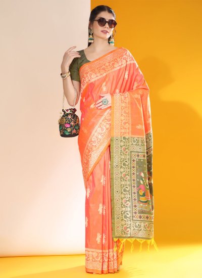 Orange Party Handloom silk Contemporary Saree