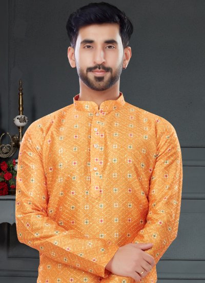 Orange Silk Digital Print Kurta Pyjama