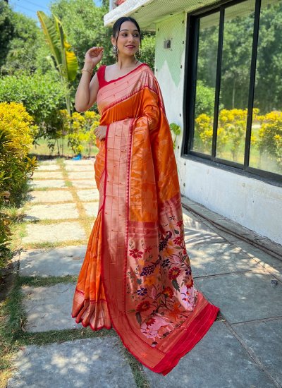 Orange Silk Woven Saree