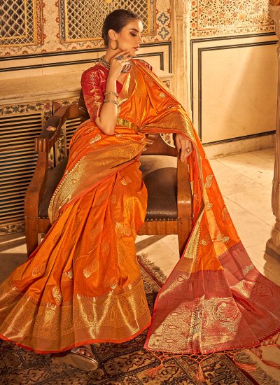 Orange Tussar Silk Contemporary Saree