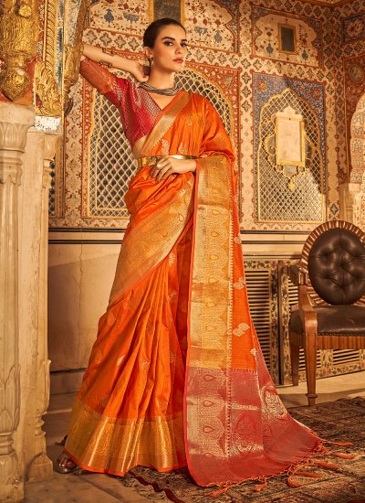 Orange Tussar Silk Contemporary Saree