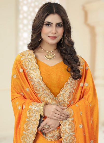 Orange Vichitra Silk Sangeet Contemporary Saree
