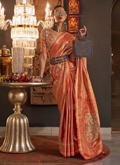 Orange Weaving Handloom silk Contemporary Saree