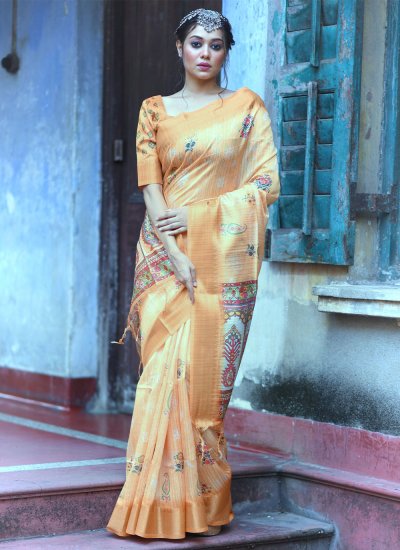 Orange Weaving Tussar Silk Classic Saree
