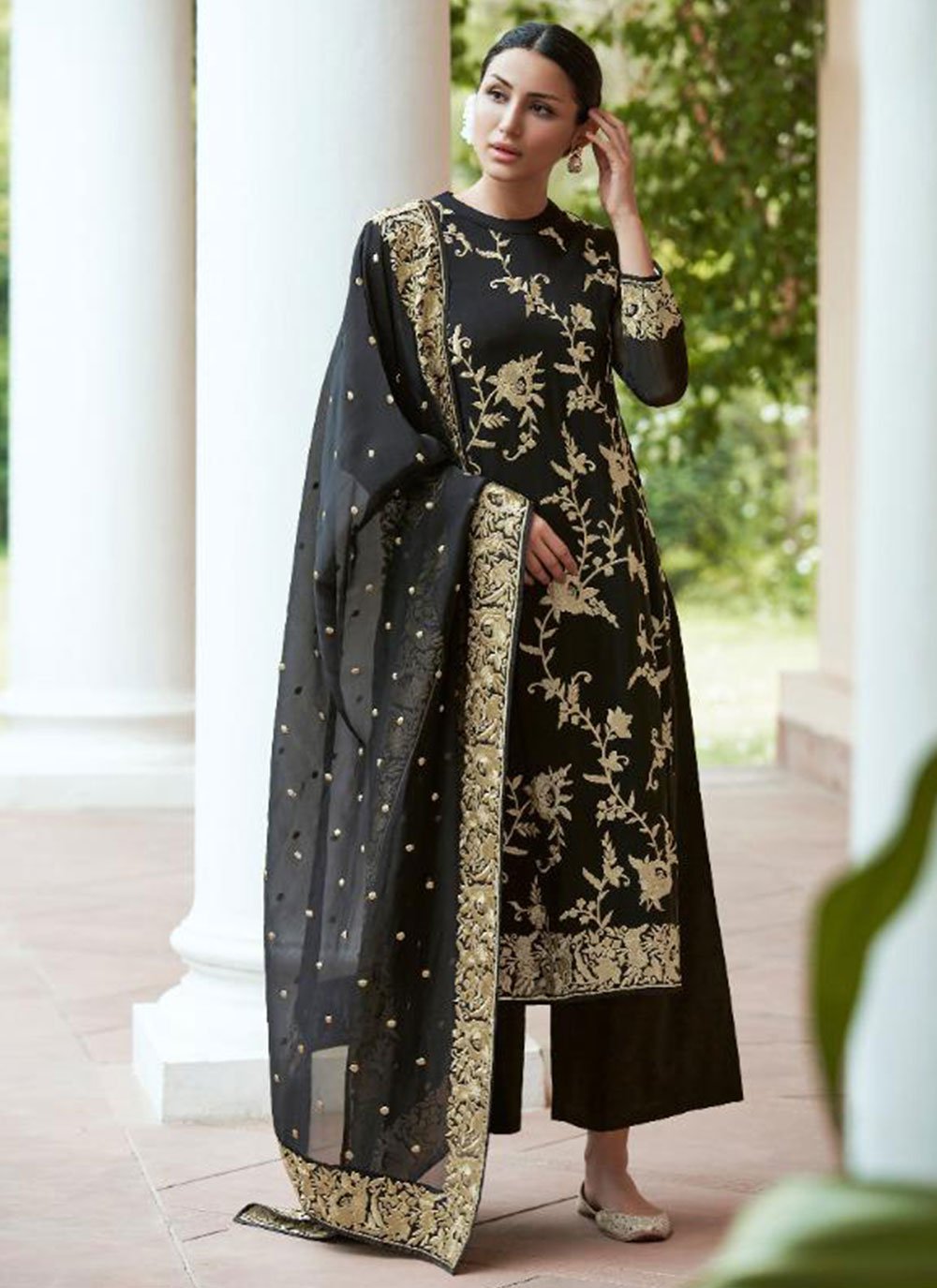 Plus Size Zari Embroidered Black Pakistani Designer Trouser Suit LSTV113316