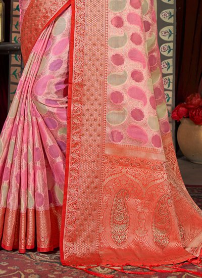 Organza Embroidered Classic Saree in Pink
