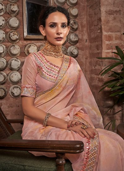 
                            Organza Embroidered Contemporary Saree in Pink
