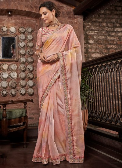 Organza Embroidered Contemporary Saree in Pink