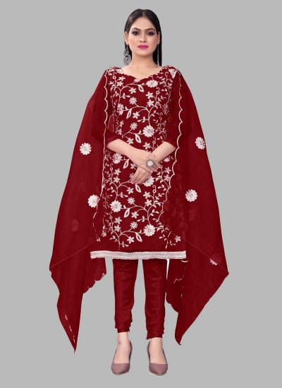 Organza Embroidered Trendy Salwar Suit in Maroon