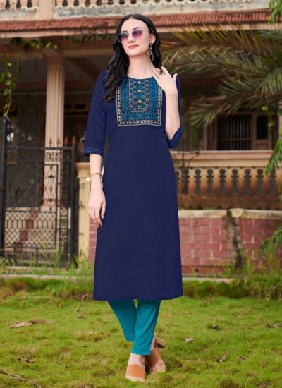 Orphic Cotton Embroidered Blue Party Wear Kurti