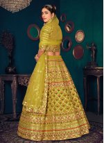 Outstanding Embroidered Faux Georgette Mustard Lehenga Choli