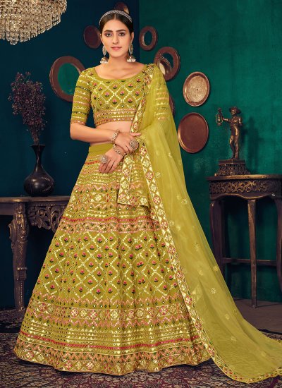 Outstanding Embroidered Faux Georgette Mustard Lehenga Choli