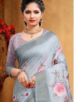 Outstanding Floral Print Grey Linen Traditional Saree