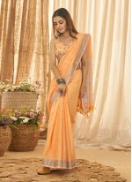 Outstanding Orange Linen Contemporary Style Saree