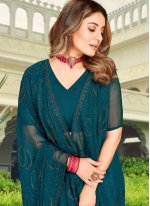 Outstanding Teal Chiffon Trendy Saree