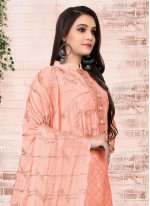 Pant Style Suit Embroidered Chanderi in Peach