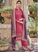 Pant Style Suit Embroidered Chinon in Pink
