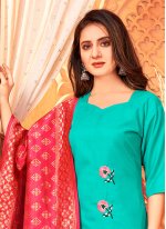 Pant Style Suit Embroidered Handloom Cotton in Sea Green