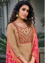 Pant Style Suit Embroidered Rayon in Beige and Pink