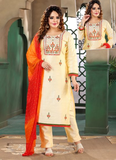 Pant Style Suit Resham Art Banarasi Silk in Cream