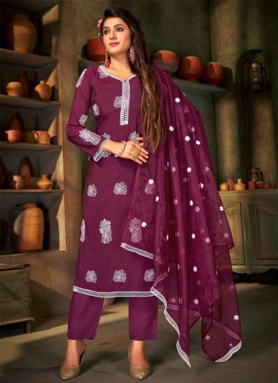 Pant Style Suit Thread Work Silk in Wine